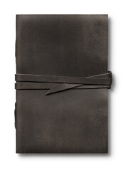 Old worn black leather notebook isolated on transparent background