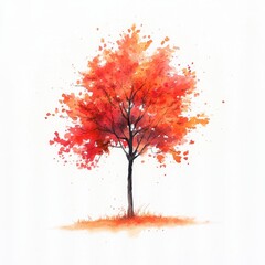 Vibrant Autumn Tree with Red Leaves in Watercolor Style Design
