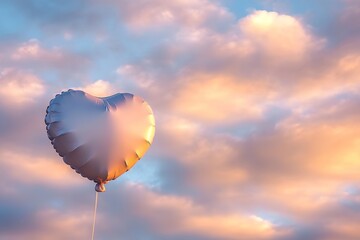 Fototapeta premium A heart-shaped balloon floating in the sky at sunset, symbolizing love and freedom, with soft pastel colors and gentle clouds.