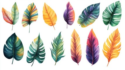 Vibrant Collection of Hand-Painted Tropical Leaves on White Background