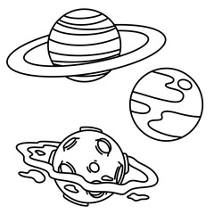 Thin line illustration of cartoon planets. Outer space.