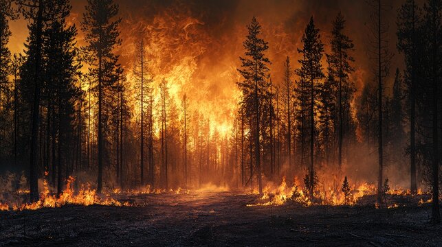 A dramatic image of a forest fire raging through trees, capturing the intensity and destruction of wildfire