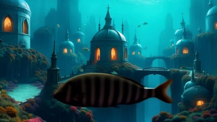 An underwater cityscape with a fantastical, ethereal and surreal style, with stylish glass dome structures and vibrant marine life - Powered by Adobe