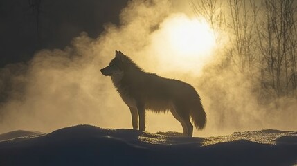 Majestic wolf silhouetted against a winter sunset, standing in snowy landscape with steam rising.