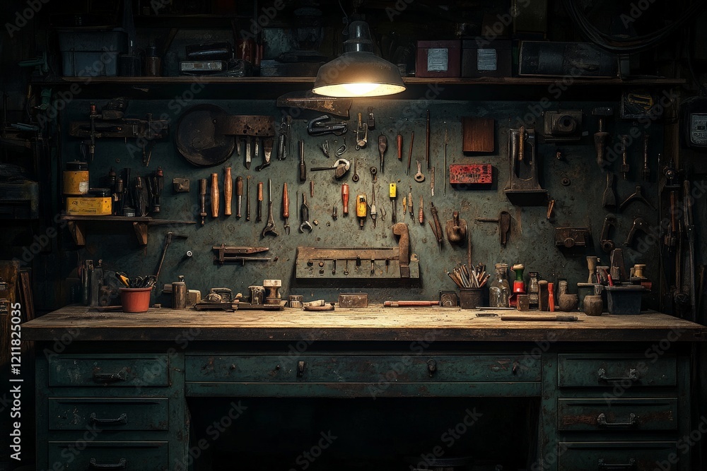 Poster workshop filled with tools and equipment illuminated by a warm light during the evening