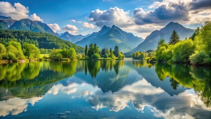 Fototapeta premium Serene lake scene with calm waters reflected in surrounding mountains and lush greenery, peaceful, mountain, peaceful