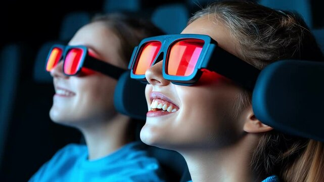 Two young women enjoying a 3D movie experience with VR glasses and smiles.