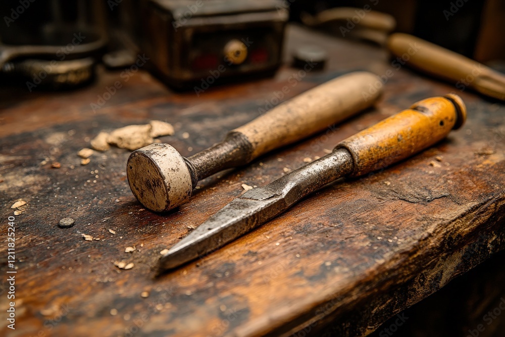 Poster tools waiting to be used in a rustic workshop with wooden surfaces and shavings