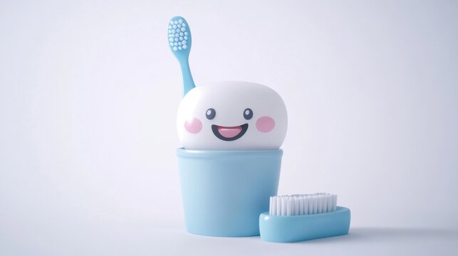A cartoon toothbrush with a smiley face, standing in a cup with toothpaste beside it, on a white background.