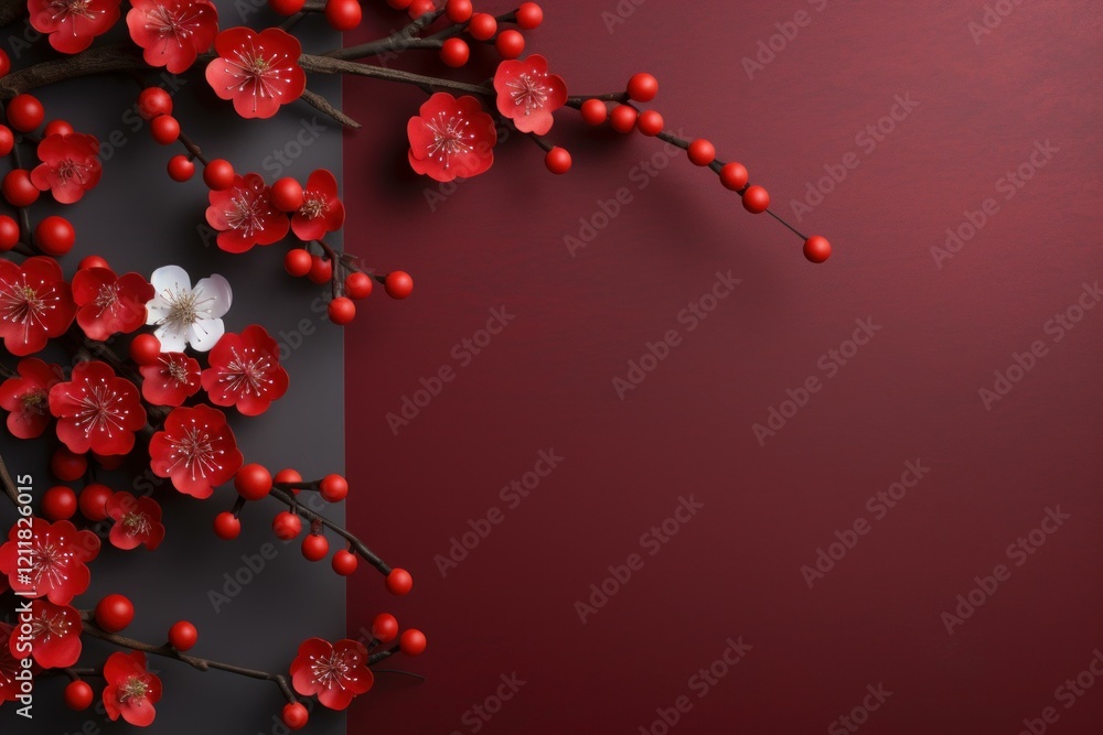 Poster red and white plum blossoms and berries creating a festive border on a dark red and grey background 