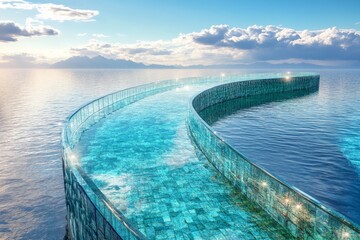 Fototapeta premium Scenic walkway over turquoise waters with shimmering reflections and distant mountains under a blue sky