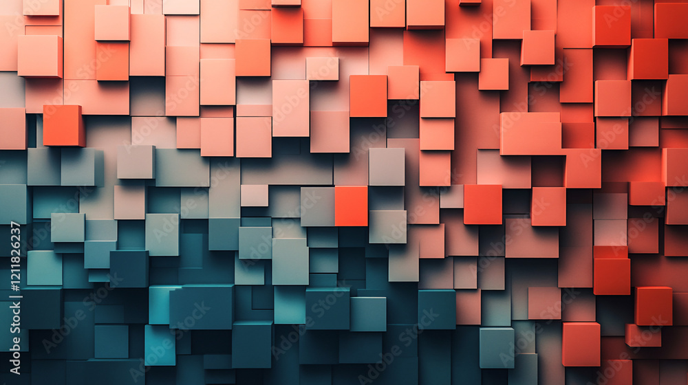 Poster an abstract arrangement of cubes blending red and teal tones with a three-dimensional layered and te