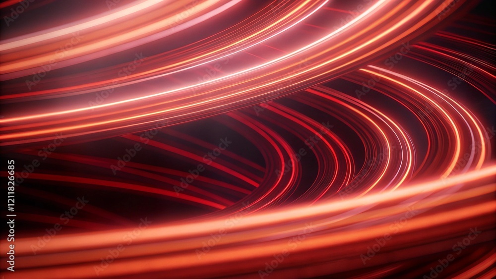 Poster bright red light trails curve dynamically against a dark background, creating a mesmerizing abstract