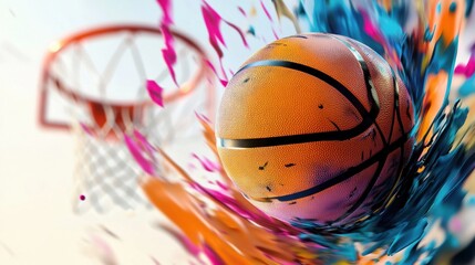 A colorful basketball with bold black lines, bouncing off the ground with a basketball hoop visible in the background, all on a white backdrop.