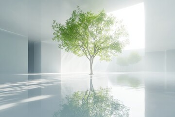 Obraz premium Bright room with a single green tree reflecting in water under natural light