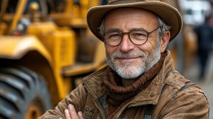 Obraz premium Portrait of a mature man with a kind smile, wearing a brown hat and jacket, standing in front of a yellow tractor.