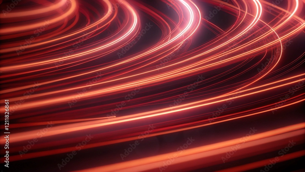 Poster bright red light trails curve dynamically against a dark background, creating a mesmerizing abstract