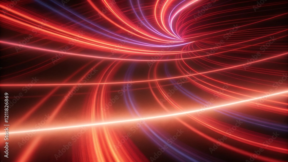 Poster Bright red light trails curve dynamically against a dark background, creating a mesmerizing abstract motion effect with glowing energy lines that captivate the eye and evoke a sense of speed