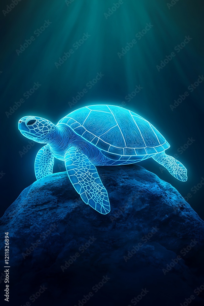 Poster a captivating bioluminescent turtle rests on a textured rock, showcasing its vibrant shell illuminat