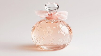 A delicate perfume bottle with a rounded glass body, a pastel pink bow around the neck, and soft floral designs etched on the glass, on a white background.
