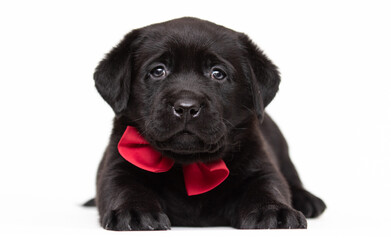 cute labrador puppy in red tie on white background
