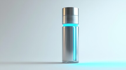 A futuristic perfume bottle with a metallic silver finish, glowing blue accents, and a sleek, cylindrical design, set against a white background.