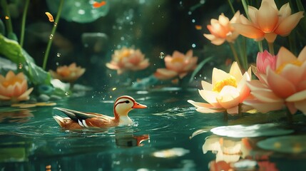 Mandarin duck swimming in a serene pond surrounded by blooming lotus flowers.