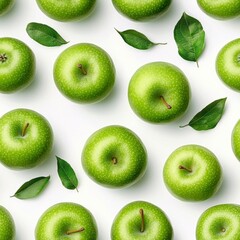 Fototapeta premium seamless of Fresh green apples with seeds isolated on white background. Fruits pattern, top view, flat lay , isolated on white background, , copy space, copy space for text,