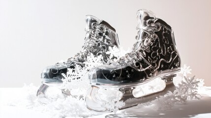 A pair of ice skates with shiny blades, resting on a bed of white snowflakes, on a white background.