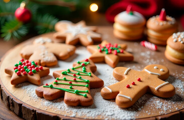 Festive plate with gingerbread cookies, beautifully decorated with icing, sugar and sprinkles. Perfect for a festive feast in a winter setting. Food photo of ginger cookies for advertising.