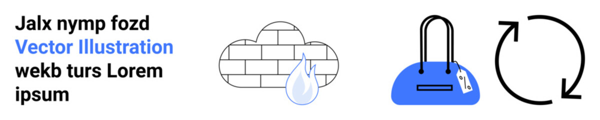 Text block with example words. Cloud icon with water drop, blue luggage bag, and refresh arrow. Ideal for weather apps, travel, e-commerce, water conservation, transportation data refresh