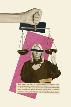 Vertical sketch 3d artwork collage poster of hand hold justice scales verdict jurisprudence trial old woman court process swear arm