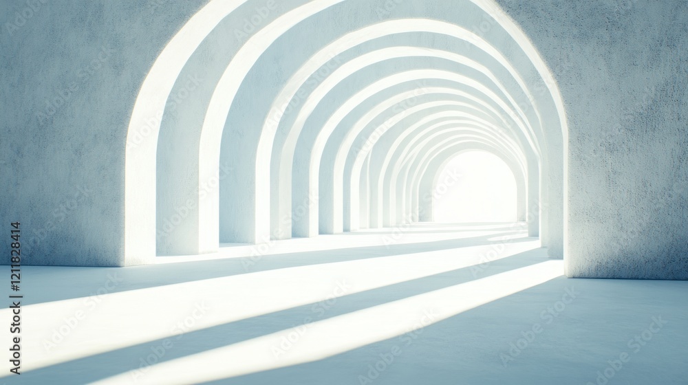 Poster 3d render of white arches in an empty room with light coming from the top left, simple and minimalis