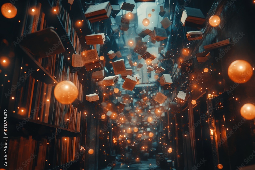 Aufkleber Floating books and glowing orbs create a magical atmosphere in a dimly lit library corridor
