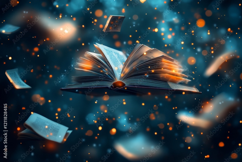 Poster magical book floating in mid-air surrounded by sparkling lights and scattered pages during a twiligh