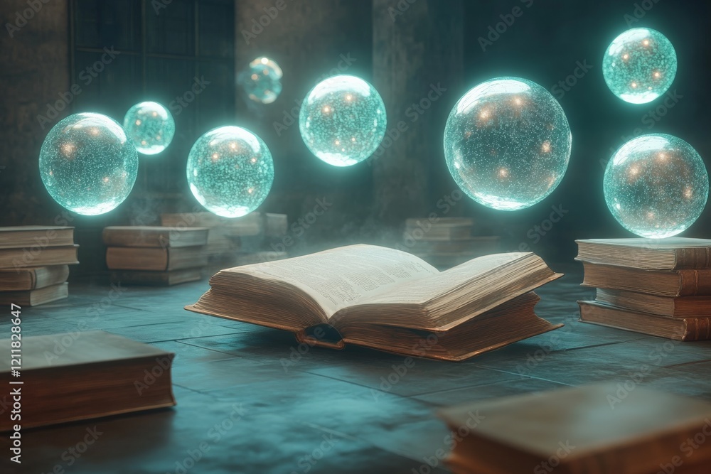 Aufkleber Floating orbs illuminate an open book in a mystical library atmosphere during twilight hours