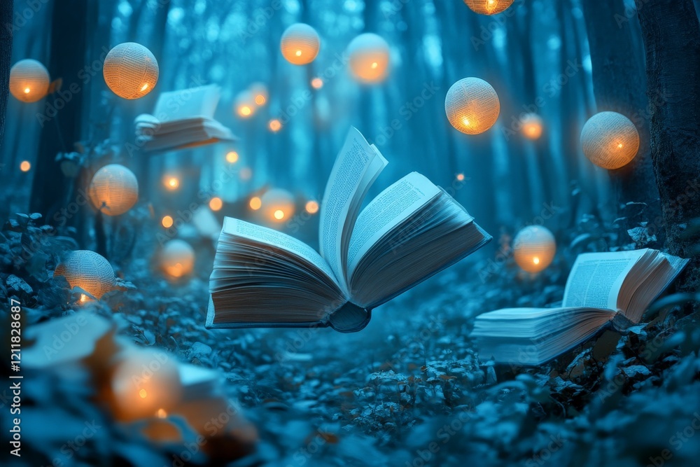 Aufkleber Books float in a mystical blue forest with illuminated orbs creating an enchanting atmosphere at twilight