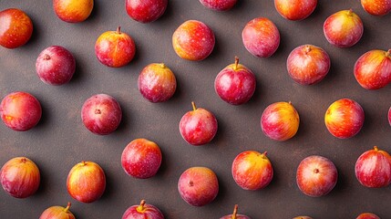 Colorful plums arranged neatly on a dark surface create an appealing visual, This image is perfect for food blogs, recipes, or health-related articles, The vibrant colors highlight freshness,