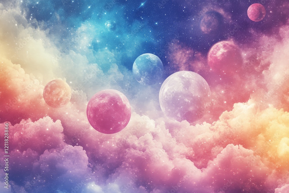 Poster colorful celestial scene with vibrant clouds and multiple planets in a starry sky at night