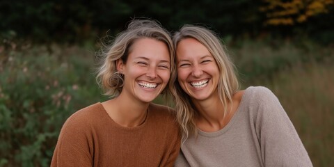 Obraz premium Two women are smiling and posing for a picture. They are wearing brown sweaters and are sitting in a grassy field