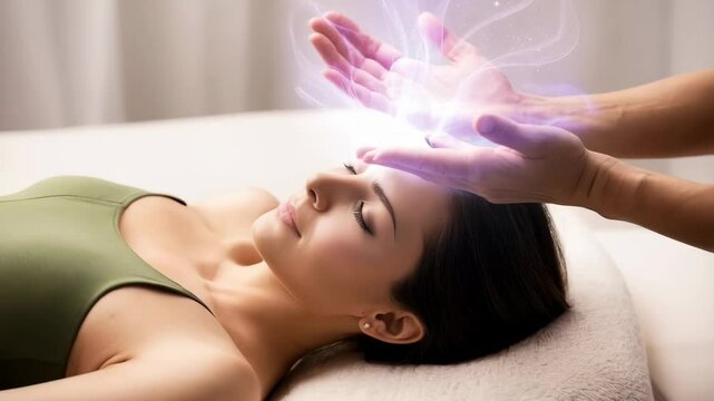 A young woman lying down with her eyes closed, receiving Reiki or a form of holistic energy healing. Spiritual energy and holistic wellness concept.
