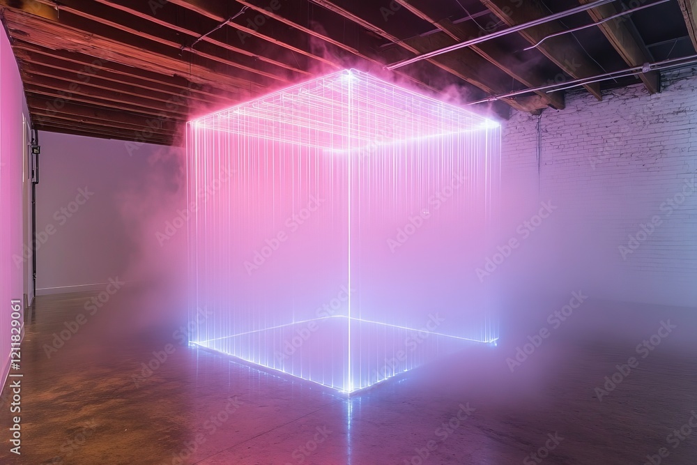 Poster colorful illuminated cube installation in an urban art gallery with fog and vibrant lights