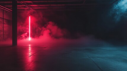 ​stock photo features a dark, empty room with a concrete floor, illuminated by a neon red light and filled with smoke, creating a mysterious and atmospheric setting