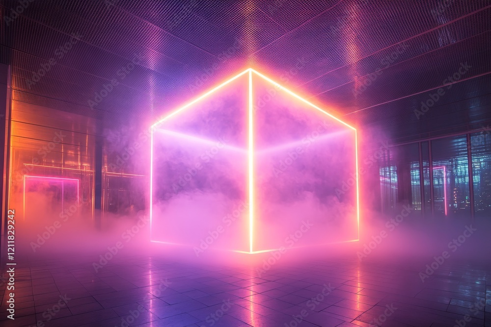 Poster Bright neon cube surrounded by fog in a darkened urban setting, creating a mystical atmosphere at night