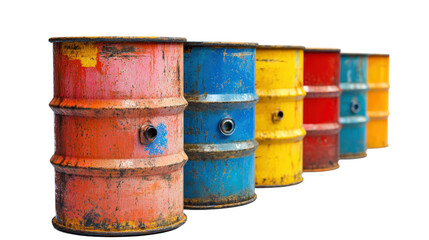 Colorful metal barrels lined up in a warehouse setting during daytime isolated on transparent background