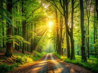 Explore lush green forests via scenic dirt roads. Capture breathtaking nature trail photography.