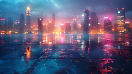 Fototapeta premium Tech Innovation District construction in the evening, low angle view showcasing innovative style with digital pavement and futuristic tones.