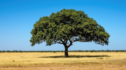 A majestic tree standing alone in a vast field, showcasing its vibrant green foliage against a clear blue sky