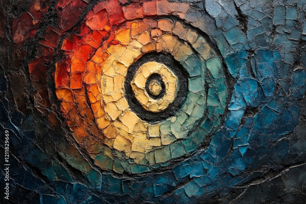 Poster Colorful abstract circular pattern showcasing bold hues in a layered texture composition with a dark background