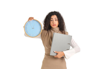 Stressed African-American businesswoman with clock and folder on white background. Time management...